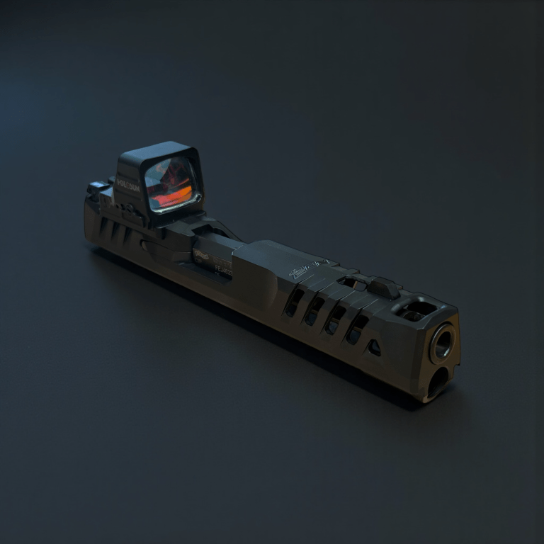Black machined pistol slide in a dark studio