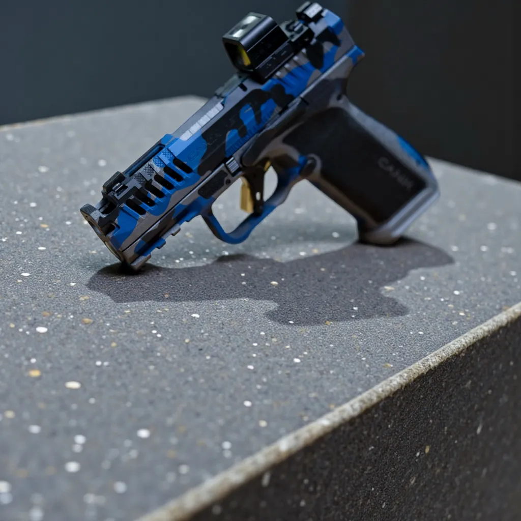 Blue and black custom pistol with textured grip