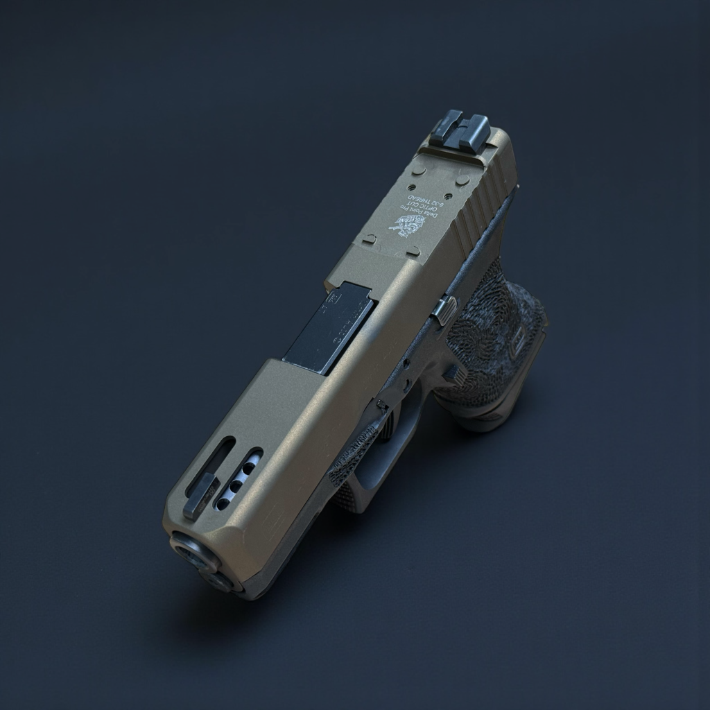 Long-slide grey custom pistol viewed from above