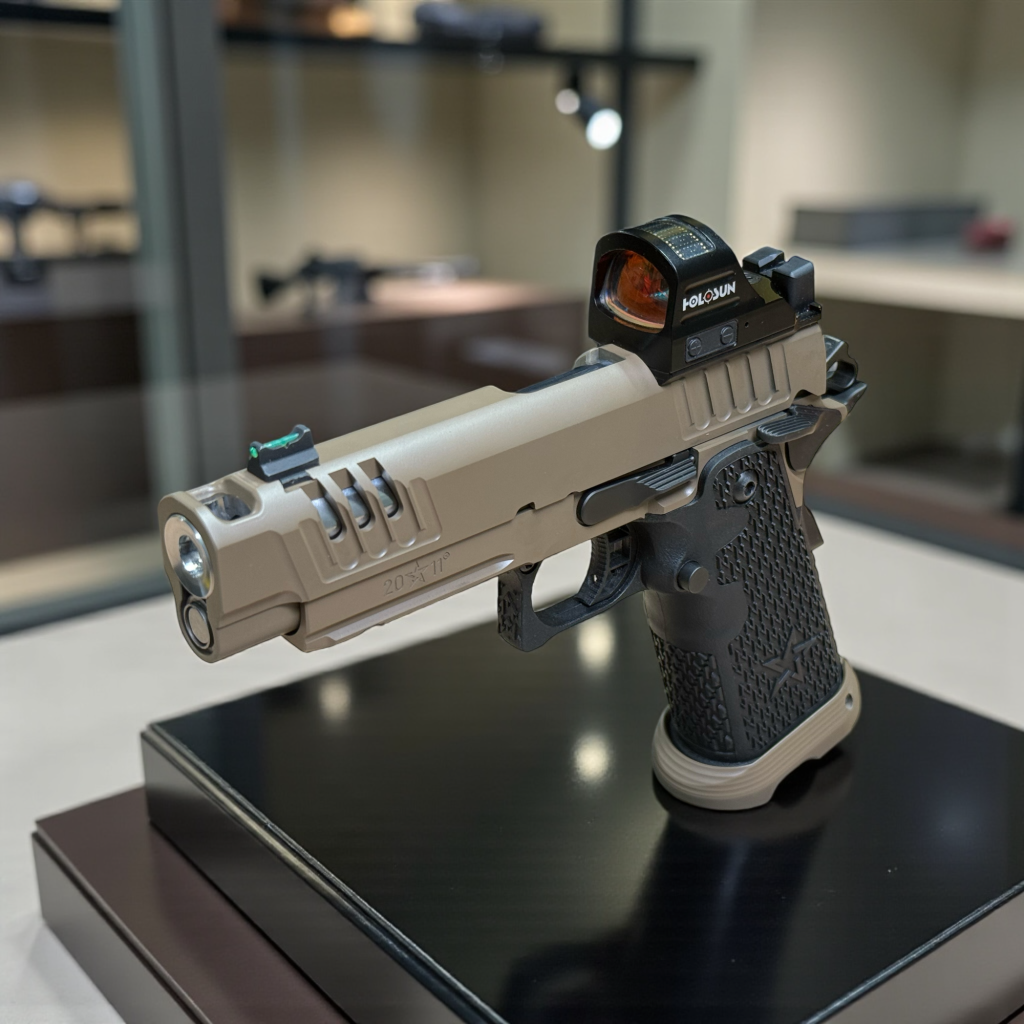 Silver custom pistol photographed in the workshop