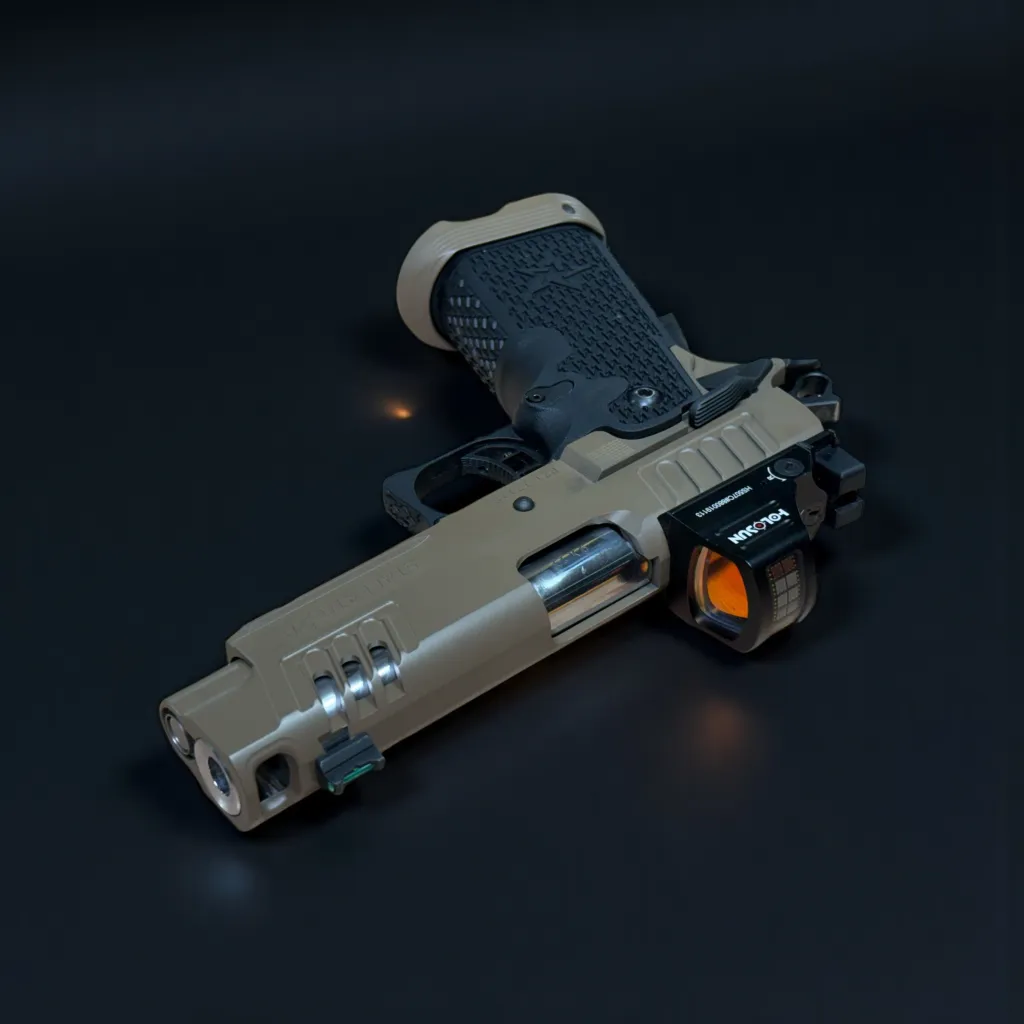 Tan and black custom pistol with optic